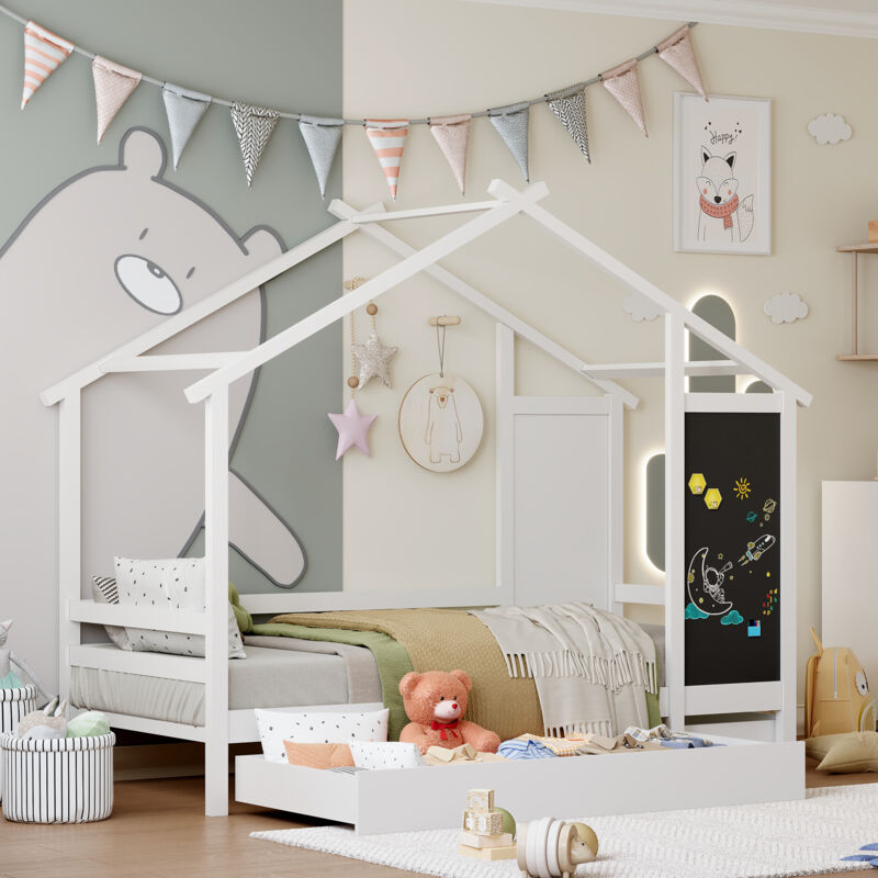 Blanketswarm - Lit Cabane Enfant 90 × 200,Lit Simple Enfant,Lit Enfant avec Barrière,2 Tiroirs Sous le Lit,Tableau Noir avec Graffiti,Cadre de Lit