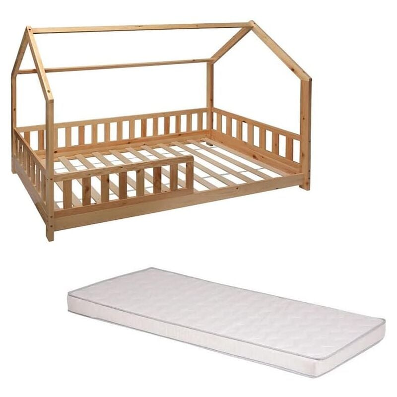 Lit cabane enfant 90 x 190 cm avec sommier,barrières + Matelas spécialement conçu.