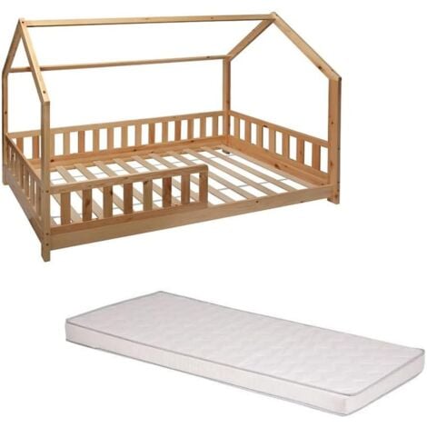 KONTARBOOR Lit cabane enfant 90 x 190 cm avec sommier,barrières + Matelas spécialement conçu.