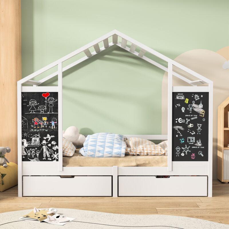 Lit cabane enfant 90x200 cm, avec deux grands tiroirs, avec deux tableaux noirs pour dessiner, forme cabane dans les arbres, sommier à lattes, pin +