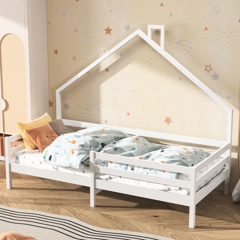 Lit cabane enfant 90x200 cm, avec protection antichute, forme maison, avec cheminée, sommier à lattes, structure en pin, design scandinave - Blanc