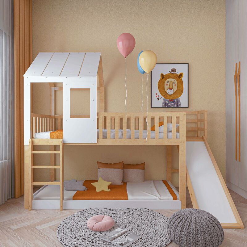 Lit cabane enfant 90 x 200 cm avec toboggan, escalier, fenêtres, dispositif antichute, sommier à lattes, lit double enfant en bois de pin - Naturel