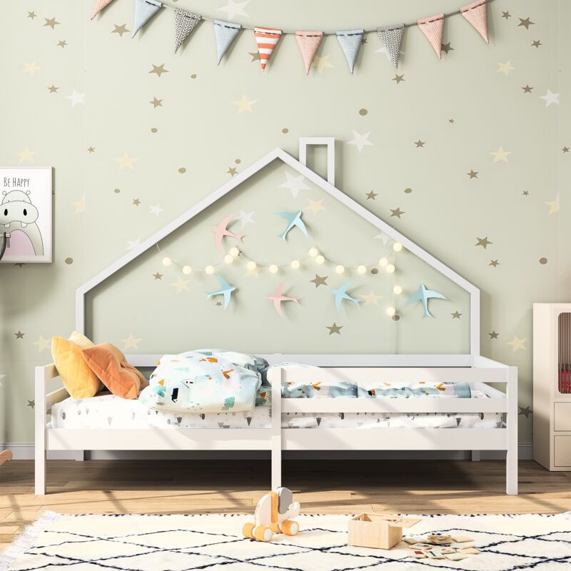 Lit cabane enfant 90x200 cm, avec un grand tiroir et un petit tiroir , avec petit tableau noir, forme cabane, adapté aux enfants et adolescents