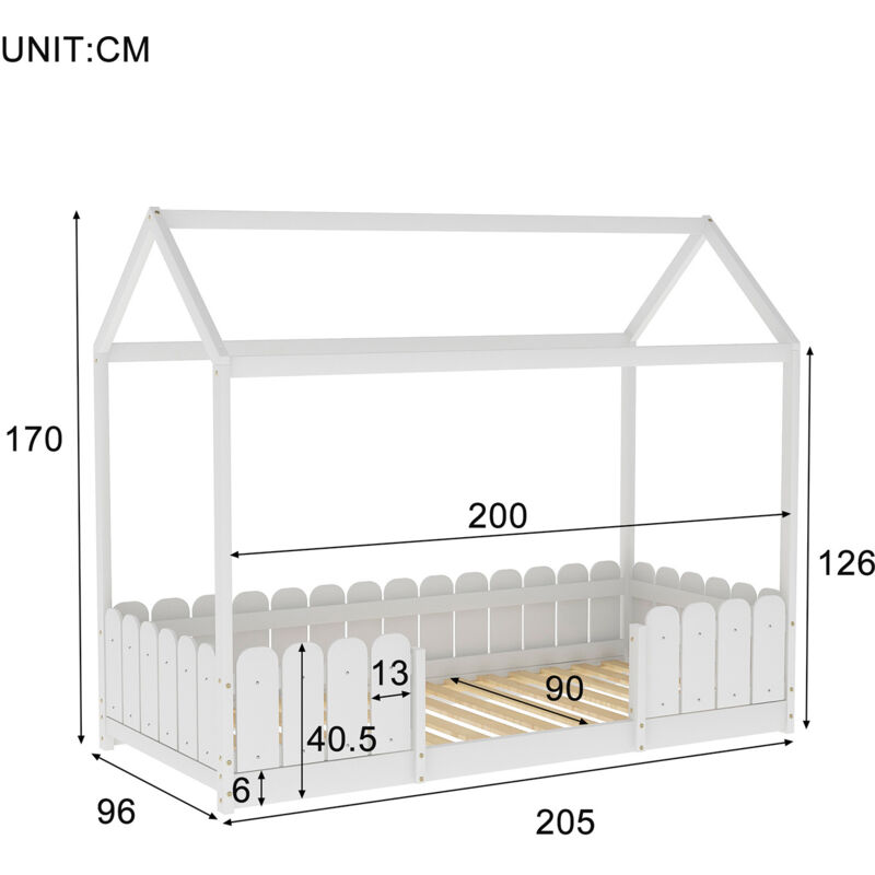 Lit cabane enfant 90 x 200 cm - Bois pin massif Blanc - Sommier inclus - Style scandinave