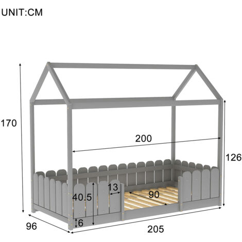 Lit cabane enfant 90 x 200 cm - Bois pin massif Gris - Sommier inclus - Style scandinave