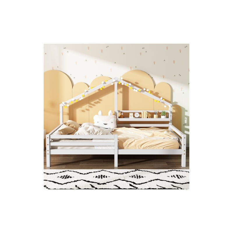 lit cabane enfant 90 x 200 cm, lit enfant avec tablette de rangement, forme cheminée, 90x200 blanc