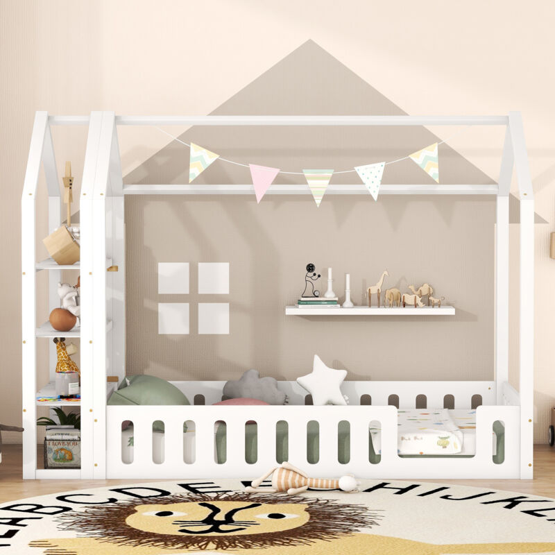 Lit cabane enfant 90 x 200 cm avec balustrade et 3 étagères de rangement. blanc