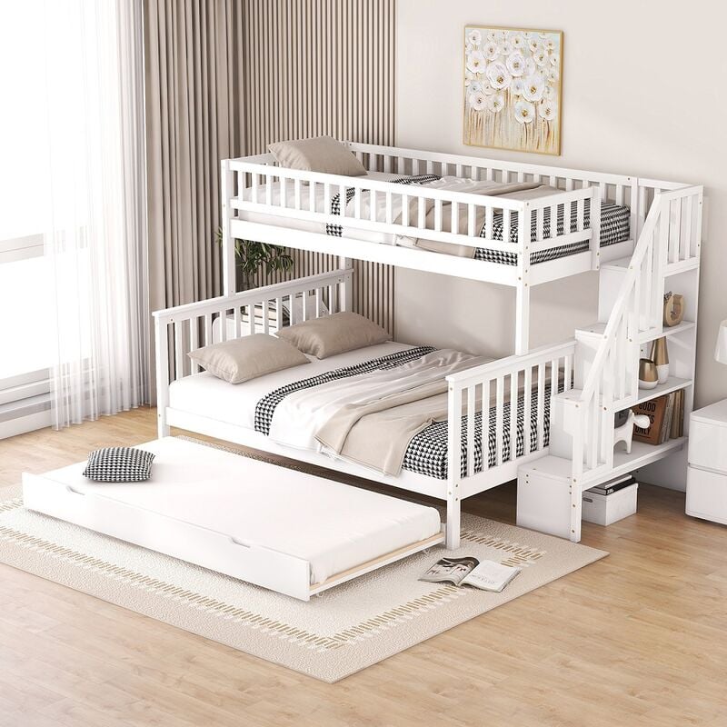 Lit cabane enfant 90 x 200 cm sur 140 x 200 cm Lit superposé avec lit à roulettes et escalier, blanc - Blanc antique