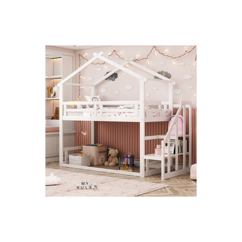 Lit cabane enfant 90 x 200cm Lit superposé d'enfant avec escalier de sécurité, cadre de lit double en bois massif avec cadre à lattes, utilisable par