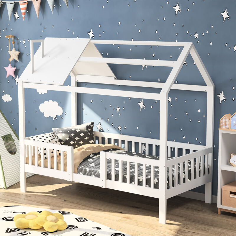 Pergar - lit cabane enfant 90x200,lit avec barrières,lit de bébé,lit simple sommier à lattes,pin massif,blanc