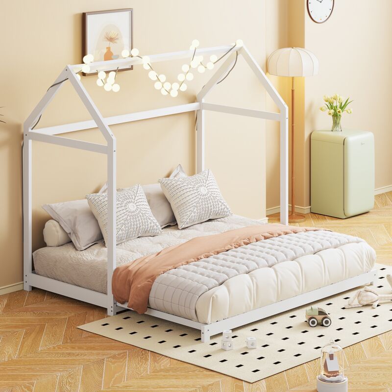 Lit cabane enfant 90/180x190 cm, lit au sol escamotable avec toit, sommier à lattes en bois massif, pin + mdf, adapté aux adolescents et enfants