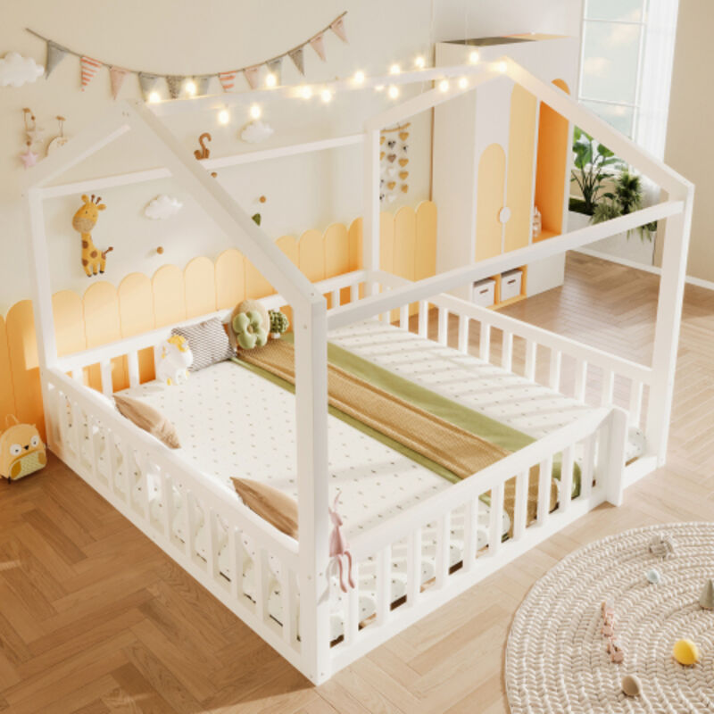 Lit cabane enfant 90x190 cm - avec barrières de sécurité - avec éclairage LED - blanc (matelas non inclus)