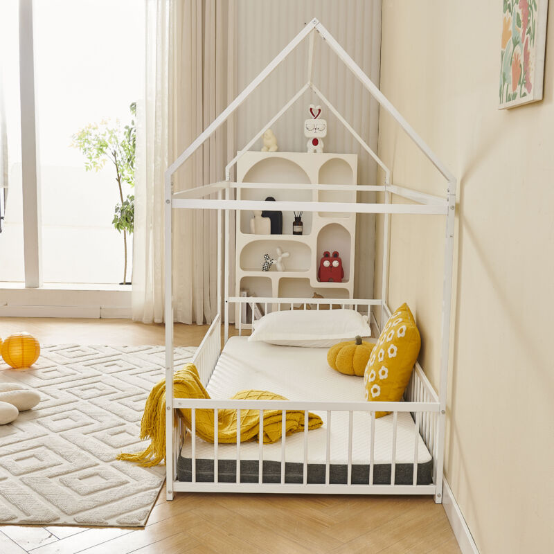 Redom - Lit cabane enfant 90x190 cm, structure métal avec barrière de protection, adapté aux adolescents, blanc, sans matelas