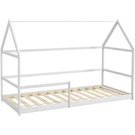 AIYAPLAY Lit cabane enfants 90x190 cm lit enfants lit maison enfant en bois avec protection antichute, sommier à lattes et toit inclus, dim. 196L x 97,5l x 135H cm blanc