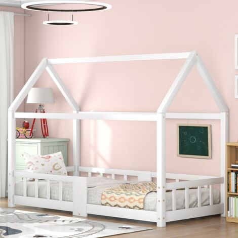 Lit Cabane Enfant 90x200 avec Tableau Noir et Sommier, Structure Pin Blanc - (Sans Matelas)