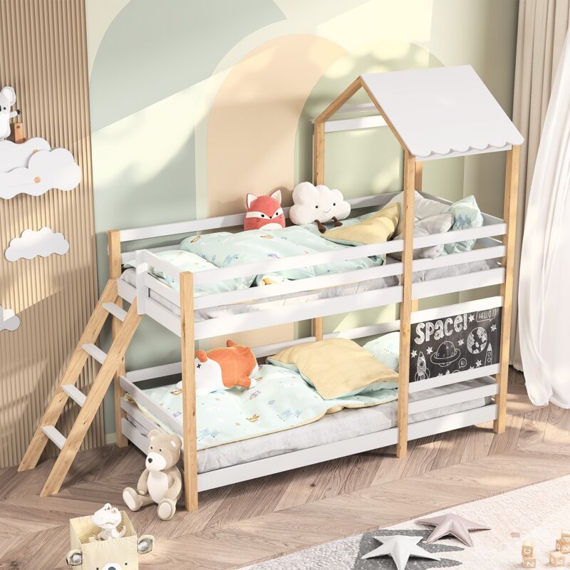 Nmonet - Lit cabane enfant 90x200 cm, 2 places, avec tableau noir, barrière de sécurité, sommier à lattes en bois massif, coutures bicolores - Blanc