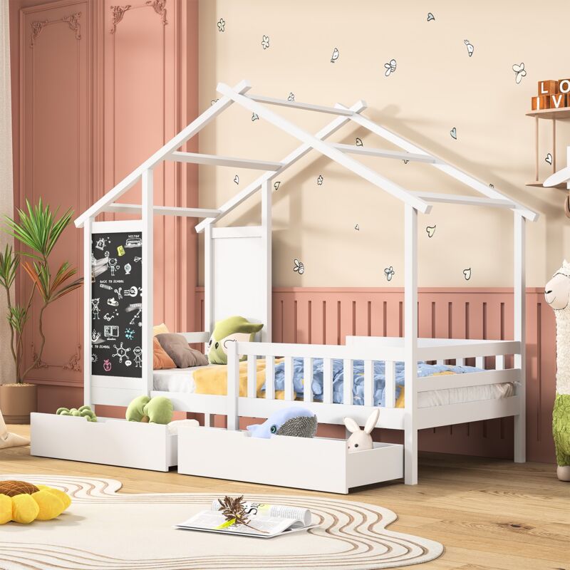Lit cabane 90x200 cm - lit enfant avec 2 tiroirs de rangement, 1 tableaux noirs, cadre à lattes, cadre de lit en bois massif, barrière de sécurité,