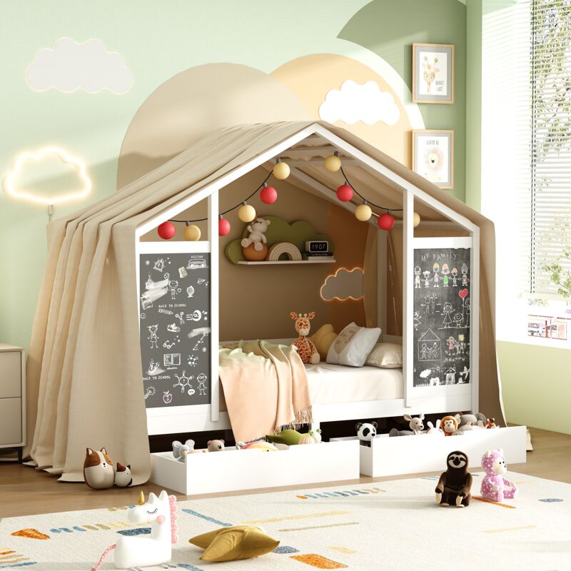 Lit cabane enfant 90x200 cm avec 2 tiroirs de rangement - 2 tableaux noirs, sommier à lattes, cadre de lit en bois massif, barrière de sécurité, lit