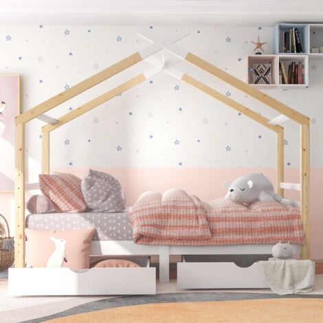 Lit cabane enfant 90x200 cm avec 2 tiroirs et sommier à lattes, blanc