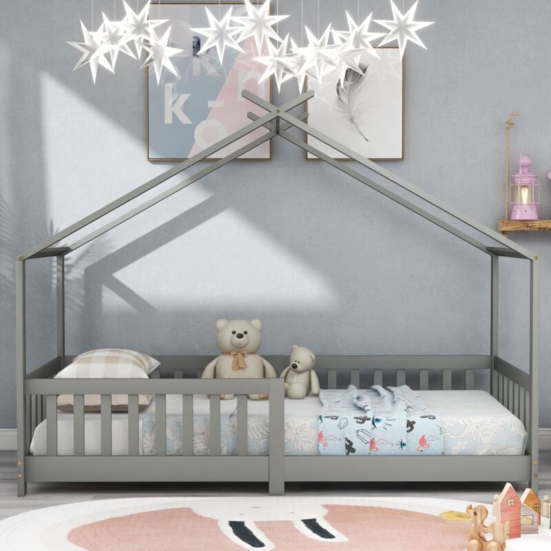 Lit cabane enfant 90x200 cm, avec clôture, sommier à lattes, grille antichute, forme maison, adapté aux enfants et adolescents - Gris