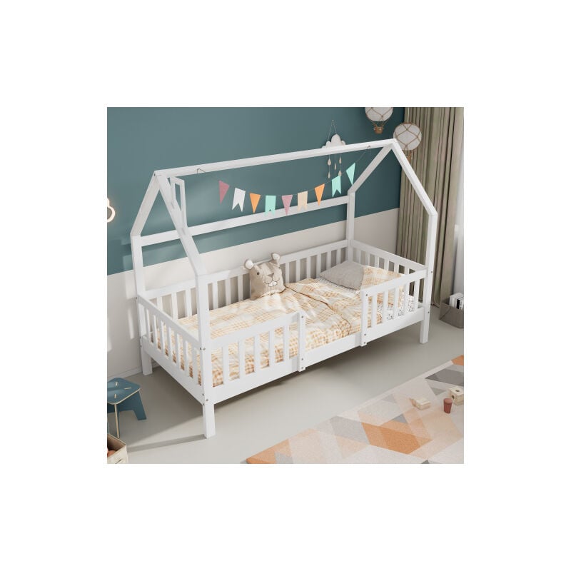 Wishdor - Lit cabane enfant 90x200 cm avec sommier à lattes, cadre de lit en pin, sans matelas, blanc