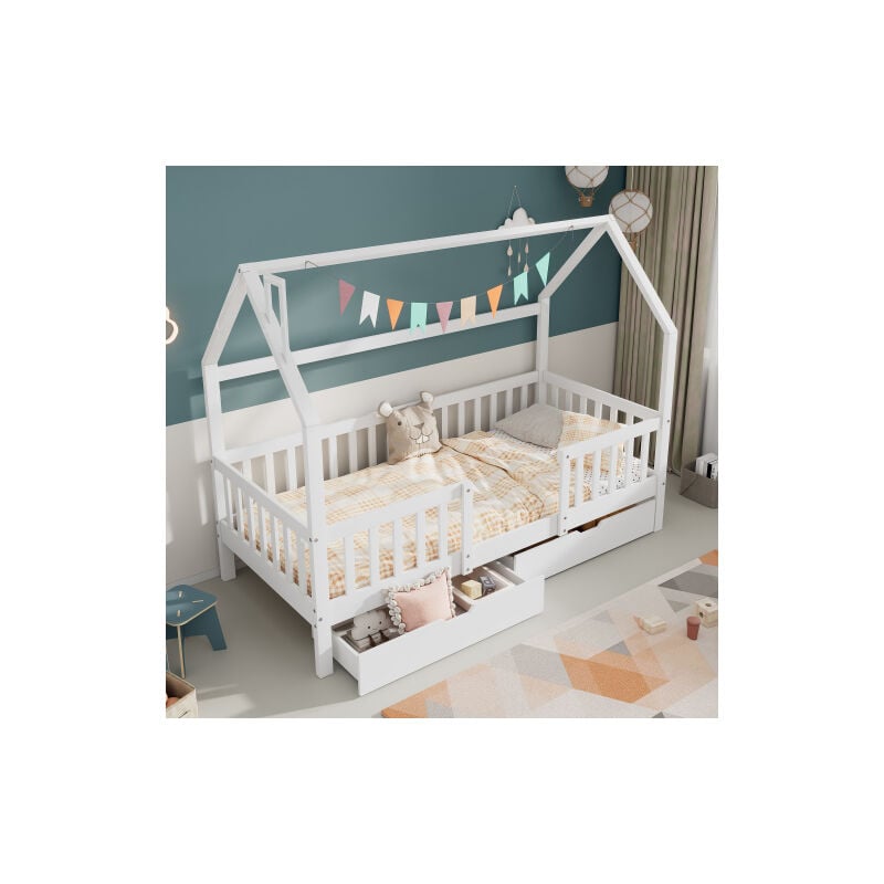 Wishdor - Lit cabane enfant 90x200 cm avec sommier à lattes, 2 tiroirs, cadre de lit en pin, sans matelas, blanc