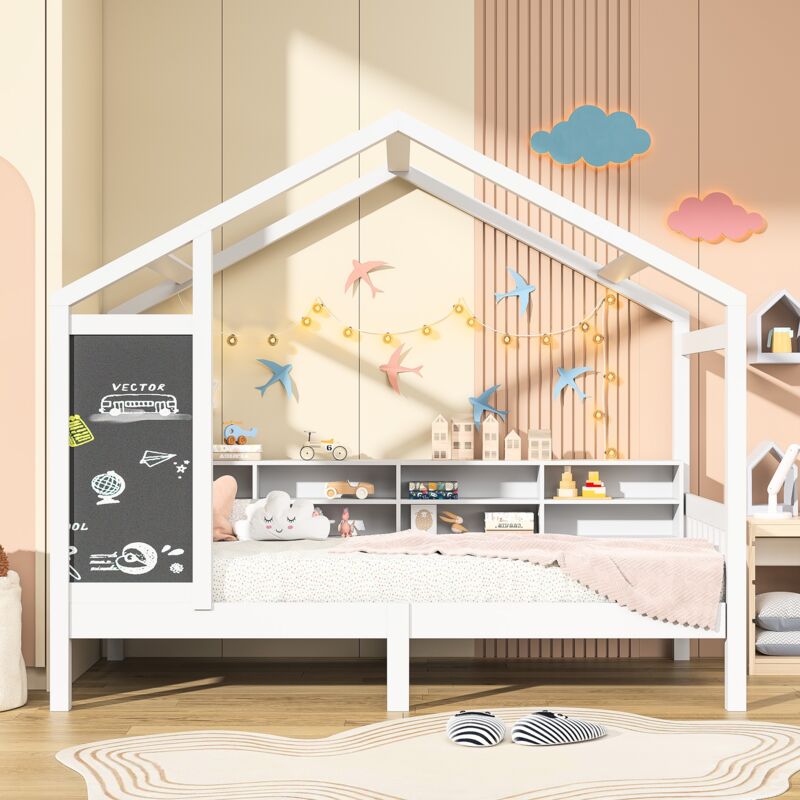 Nmonet - Lit cabane enfant 90x200 cm, avec tableau noir, étagères de rangement, sommier à lattes - Blanc