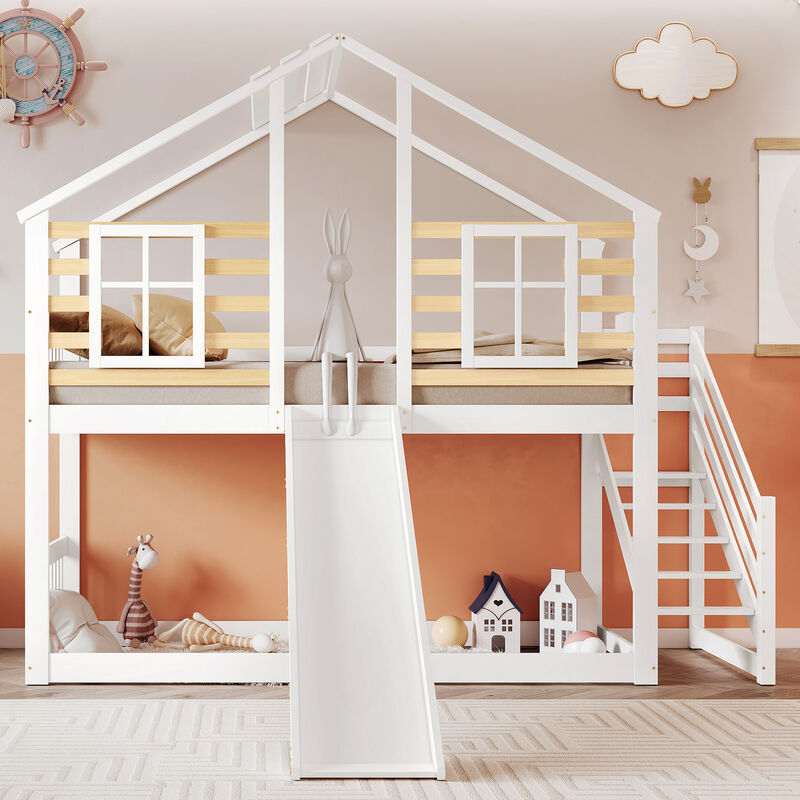 Lit cabane enfant 90x200 cm - avec toboggans, escalier d'angle, fenêtres, barrières de sécurité, sommier à lattes, cadre de lit en bois massif, lits
