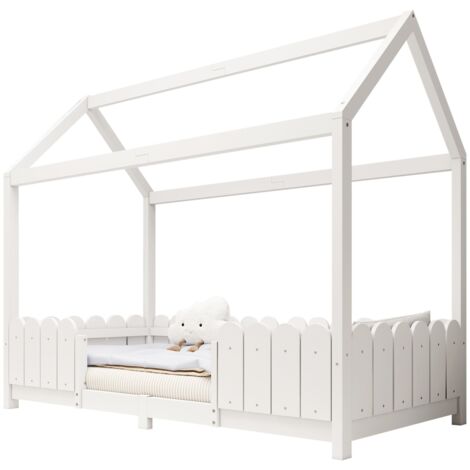 Lit cabane enfant 90x200 cm en bois massif blanc avec barrières anti-chute et sommier à lattes