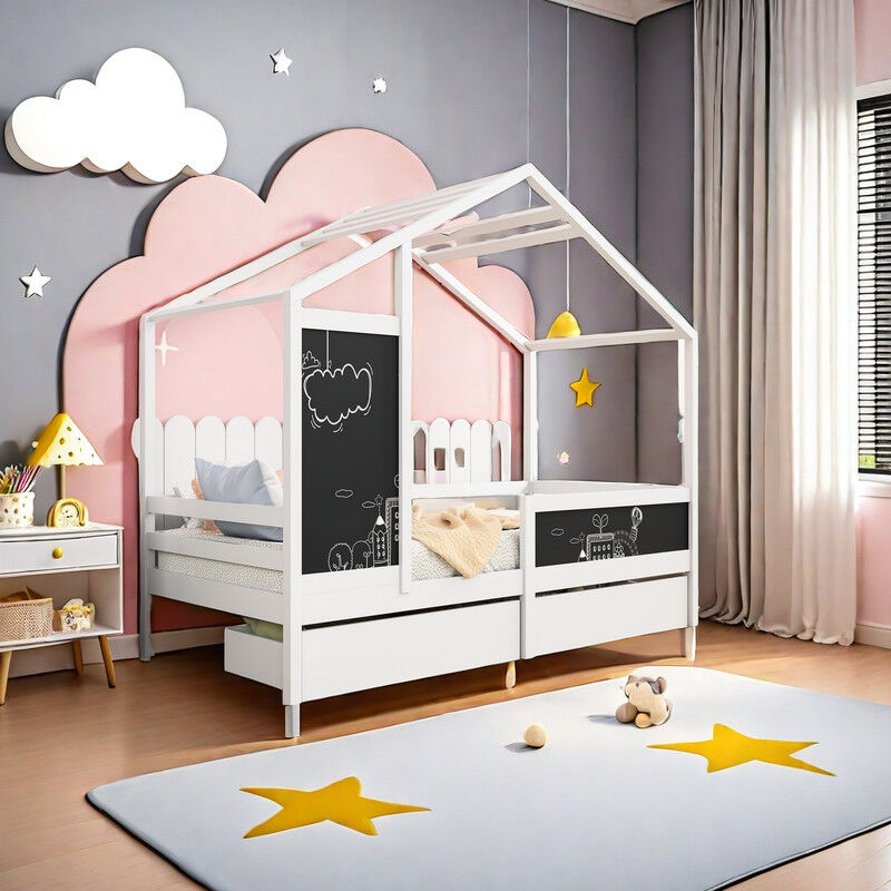 Lit cabane enfant 90x200 cm, lit enfant en bois massif avec 2 tiroirs, avec 2 tableau noir, lit simple avec sommier à lattes, espace de rangement,