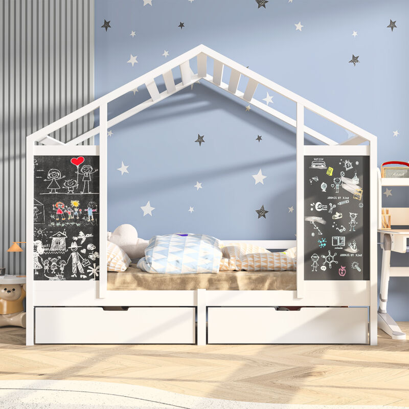 Sureh - Lit cabane enfant 90x200 cm, Lit simple avec 2 tiroirs et 2 tableau noir, sommier à lattes, pin massif, Blanc
