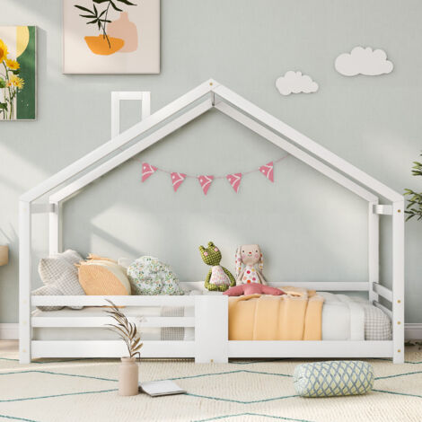 Lit cabane enfant 90x200 cm -  peinture sans odeur à base d'eau - sécurité avec barrières - blanc