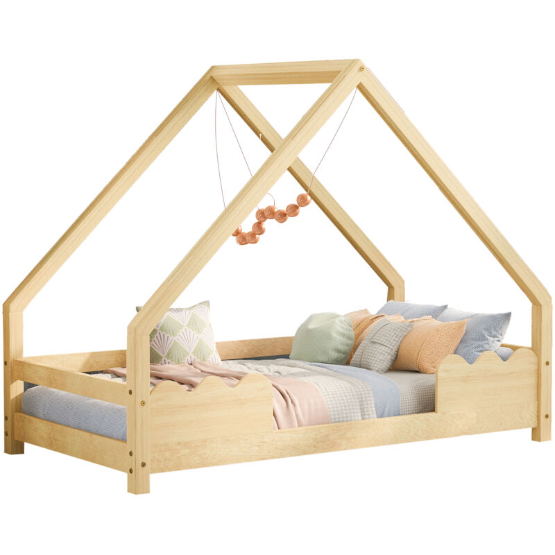 Lit cabane enfant 90x200 cm - Protection intégrée, bois massif - naturel