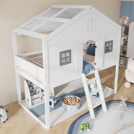 Lit cabane enfant 90x200 pin et MDF - Escalier, barrière, 2 fenêtres grises et rangement modulable sous le lit, blanc et gris (sans Matelas)