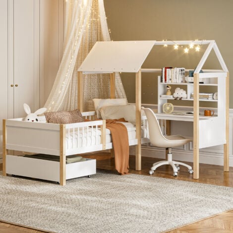 lit cabane enfant 90x200cm avec 1 tiroir de rangement+bureau et étagère, bois, sans matelas, blanc