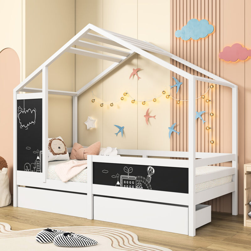 Lit cabane enfant 90x200cm, avec 2 tiroirs et barrière, Lit enfant avec protection antichute, sommier à lattes - Blanc, Sans Matelas