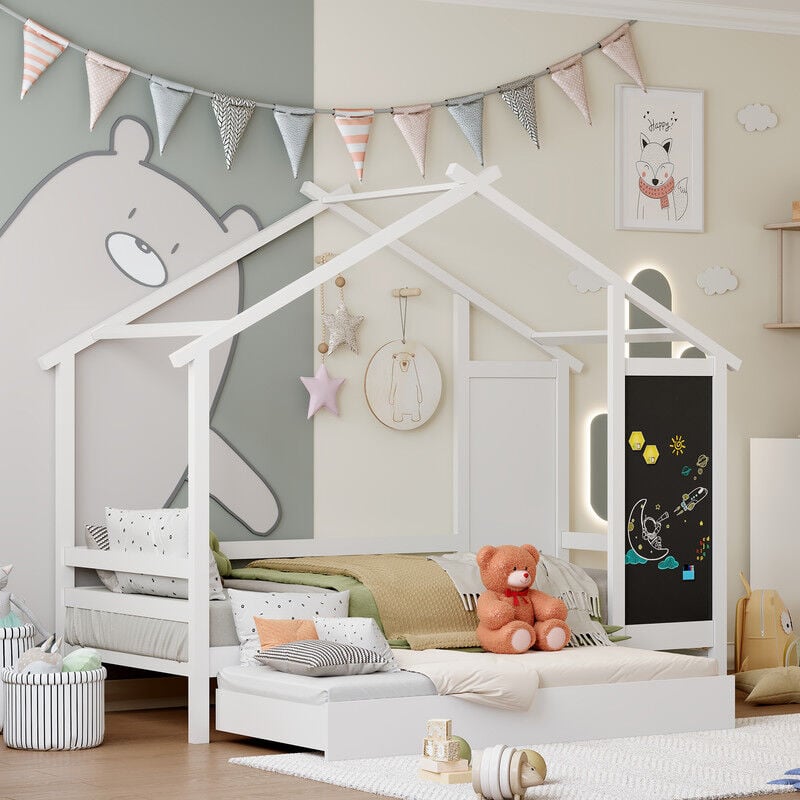 Lit cabane enfant 90x200cm avec lit gigogne,sommier à lattes,lit simple 90x200cm, Blanc
