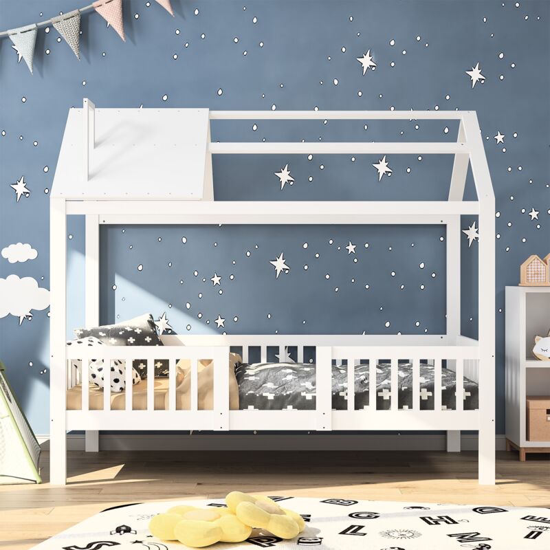 Tanant - Lit cabane 90x200 cm avec barrière de sécurité - petit toit, sommier à lattes, pin massif, lit simple, lit d'enfant - Blanc