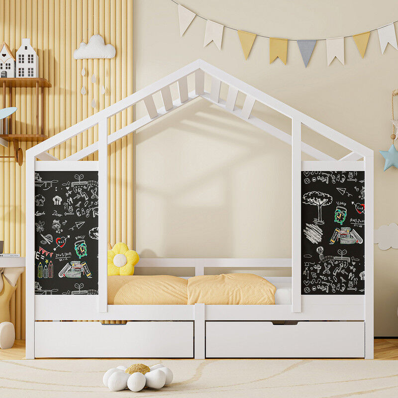 Blanketswarm - Lit cabane enfant 90x200cm, Lit enfant avec 2 tiroirs, Lit simple avec 2 tableau noir, Lit, espace de rangement, sommier à lattes,