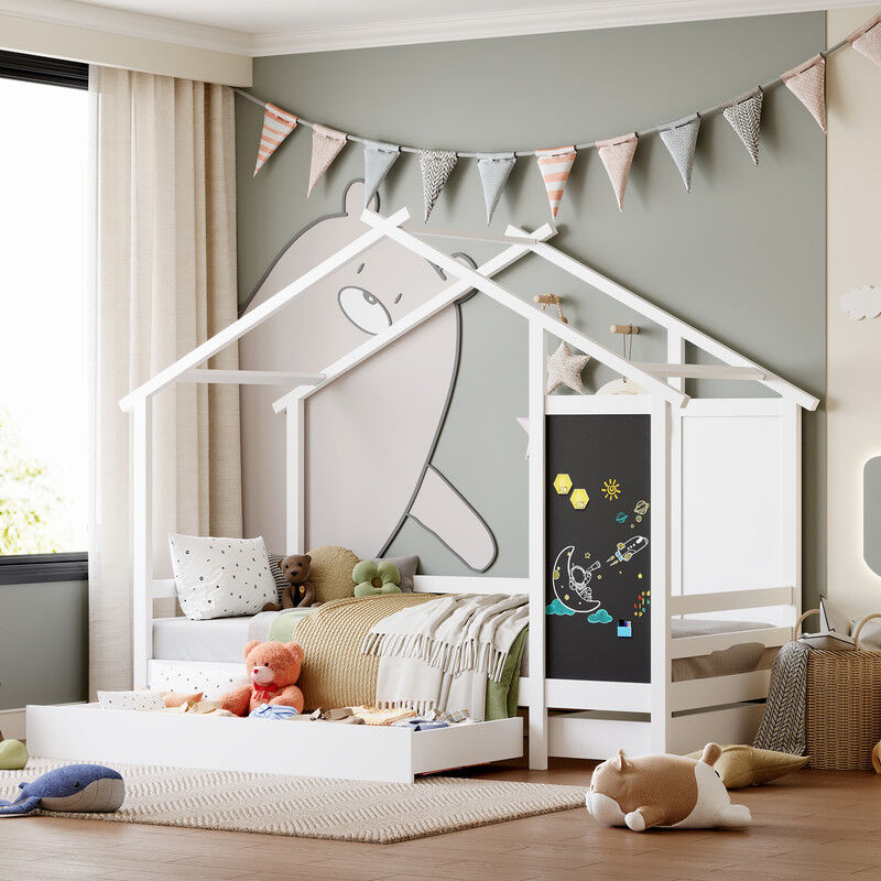 Blanketswarm - Lit cabane enfant 90x200cm, Lit enfant en bois massif avec 2 tiroirs, Lit simple au design moderne avec 1 tableau noir et 1 tableau