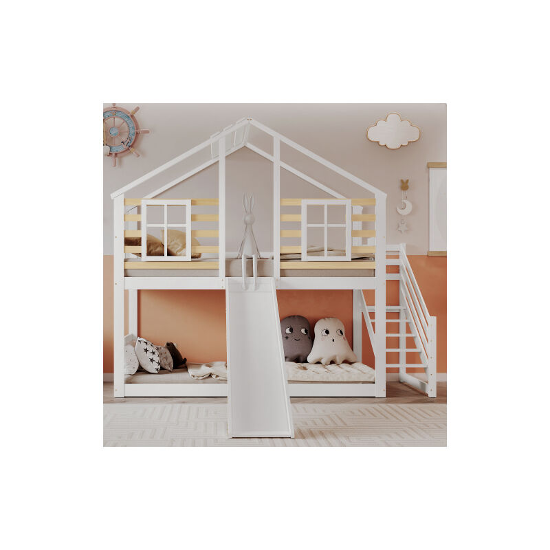 Lit cabane enfant 90x200cm Lit superpos enfant avec toboggan, escalier et grille, lit cabane en bois avec fenêtre sécurité anti-chute - Blanc