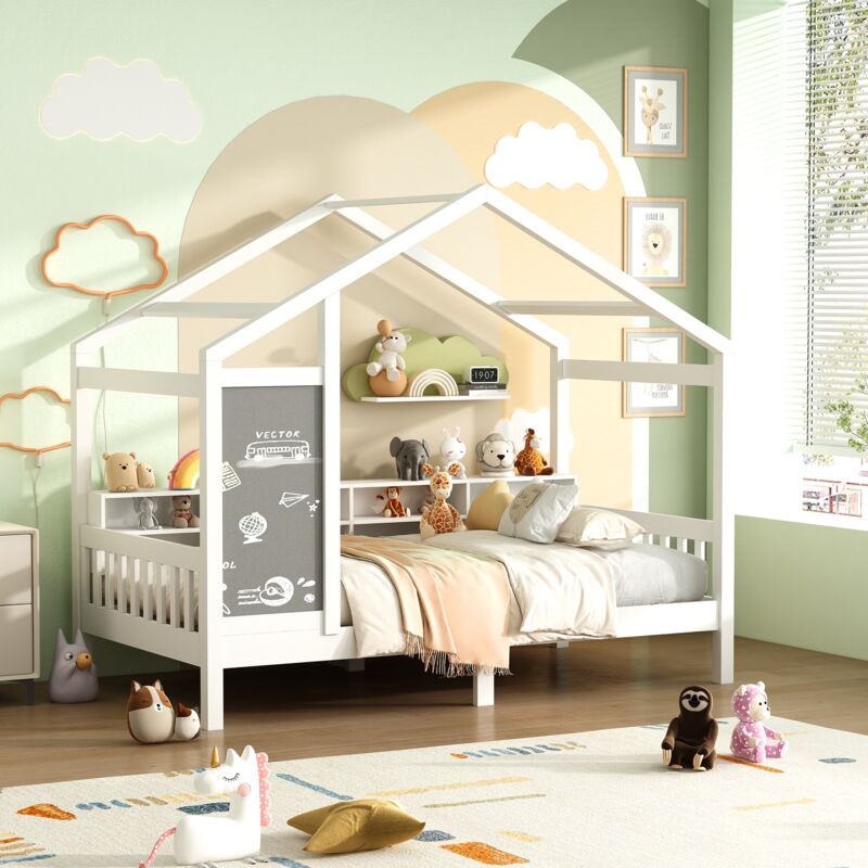 Lit cabane 90x200cm - Avec étagère et tableau noir, lit simple, sommier à lattes, esign moderne, bois massif - Blanc