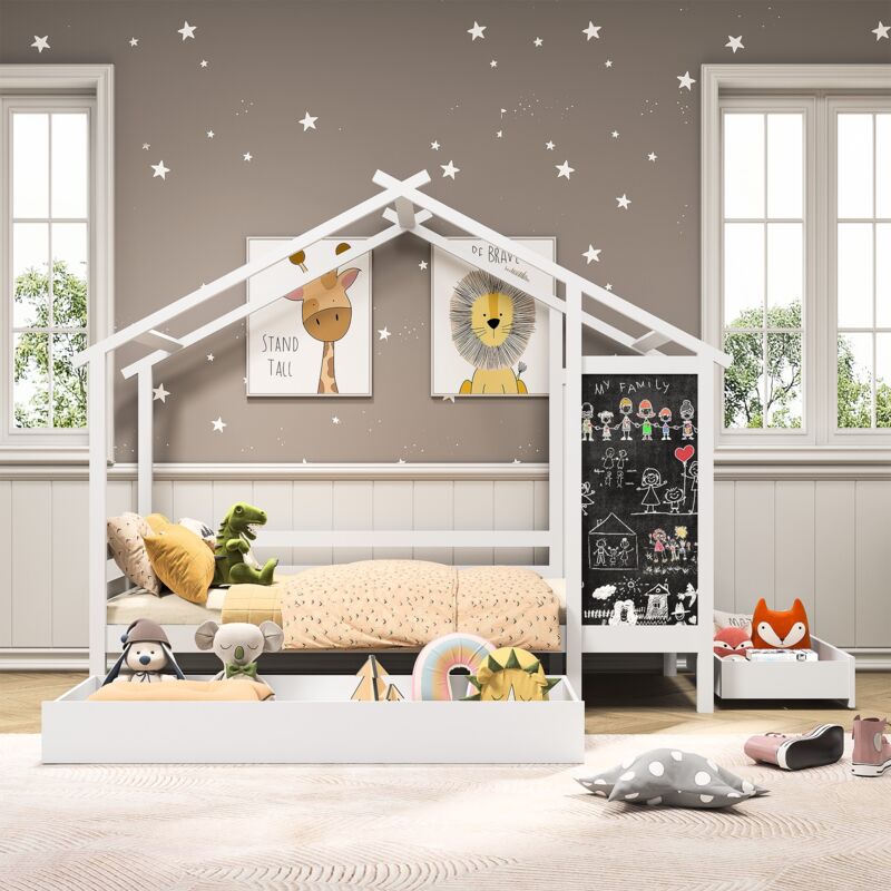 Lit cabane 90x200cm - avec 2 tiroirs, avec tableau noir, sommier à lattes en bois massif, espace de rangement, lit simple au design moderne, bois