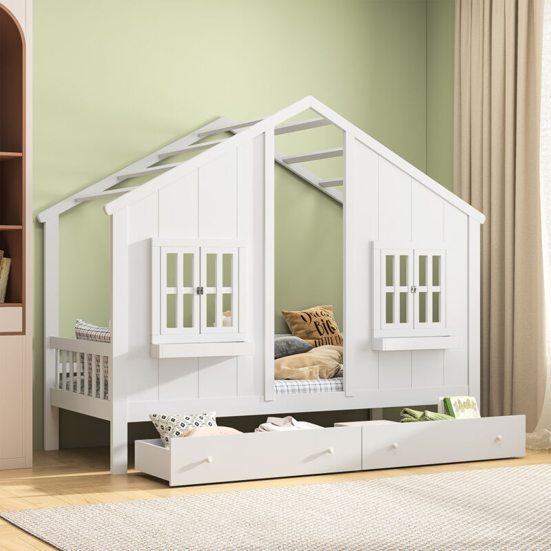 Lit cabane enfant 90x200cm - style pastorale - avec 2 fenêtres, toit, sommier à lattes et 2 tiroirs - sans matelas - en bois blanc