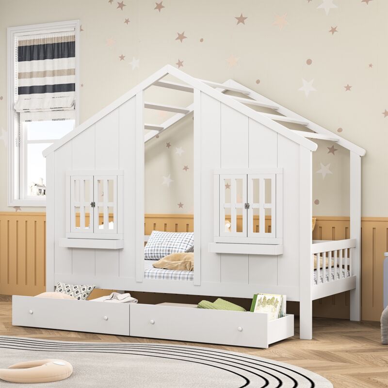 Lit cabane enfant 90x200cm - style petite maison - avec 2 tiroirs de rangement et design fenêtre, sommier à lattes, adapté aux enfants et adolescents