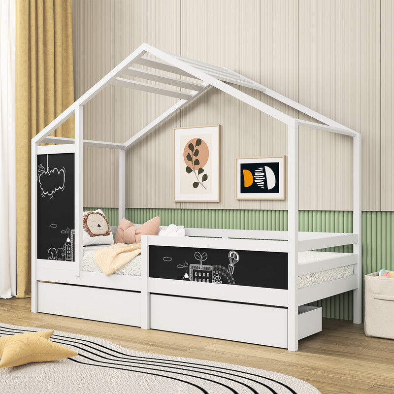 Lit cabane enfant 90x200cm,lit simple au design moderne,Lit cabane en bois massif avec deux tiroirs et tableau noir,sommier à lattes,forme