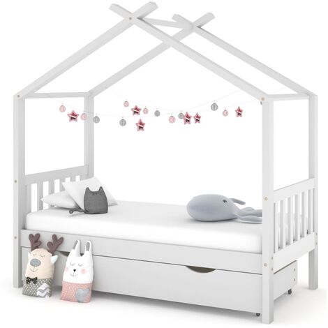 Lit cabane enfant avec un tiroir Blanc Pin massif 80x160 2
