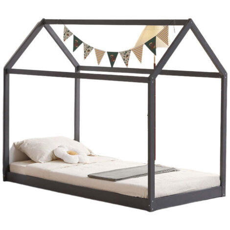 Lit cabane enfant bois gris avec sommier 97x196x157 cm ROBINSON
