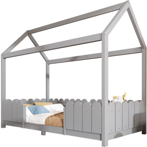 Lit cabane enfant bois massif gris 90x200 cm avec barrières anti-chute et sommier à lattes