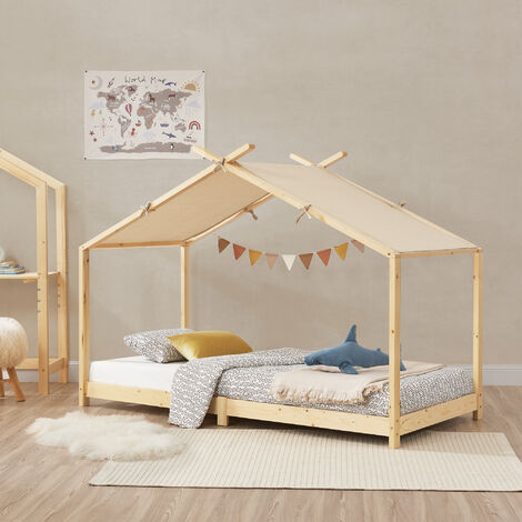 Lit cabane enfant Brome 90x200 cm naturel en bois de pin avec sommier [en.casa]